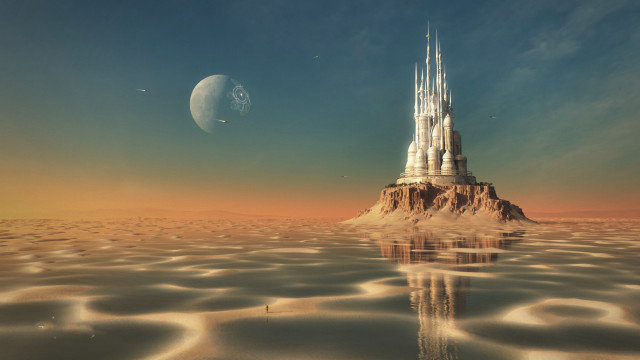 Castle rock ocean moon moonlight free wallpaper for desktop - medium preview image