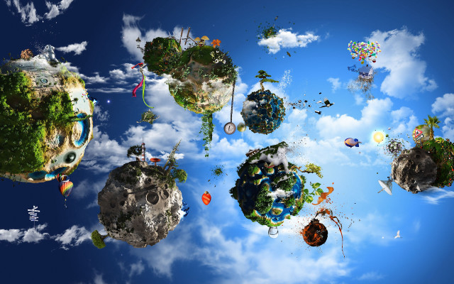 Floating objects blue sky clouds free wallpaper for desktop - medium preview image