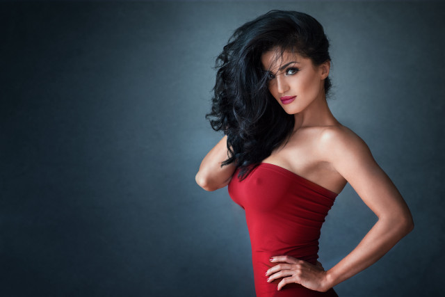 Woman red dress portrait black free wallpaper for desktop - medium preview image