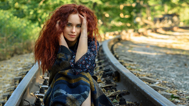 Red haired woman train track free wallpaper for desktop - medium preview image