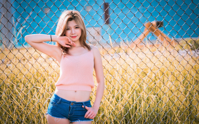 Fence woman posing autumn leaves free wallpaper for desktop - medium preview image