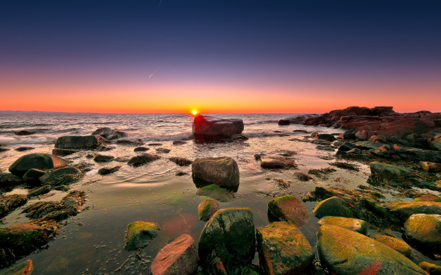 Sunset rocky beach boat mountain #3 free wallpaper for desktop - medium preview image