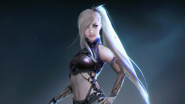 Woman sword bodySuit blueBackground fantasy free wallpaper for desktop - medium preview image