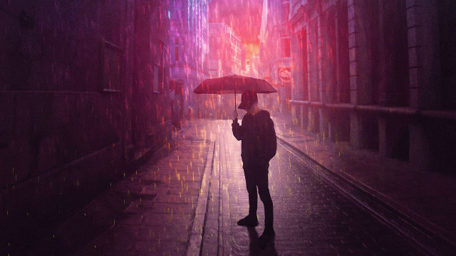 Rainy night umbrella cityscape surreal #2 free wallpaper for desktop - medium preview image