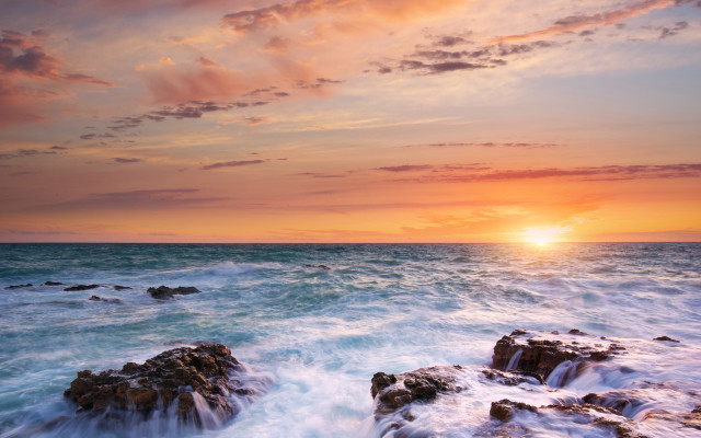 Sunset ocean rocky shore waves #3 free wallpaper for desktop - medium preview image