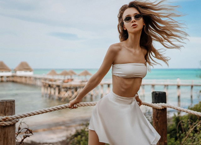 Woman white dress ocean dock free wallpaper for desktop - medium preview image