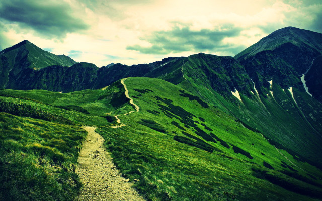 Lush green mountain path cloudy free wallpaper for desktop - medium preview image
