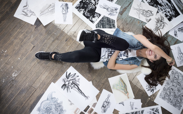 Woman drawing floor blackhair sneakers free wallpaper for desktop - medium preview image