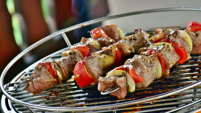 Grill skewers meat vegetables fork free wallpaper for desktop - medium preview image