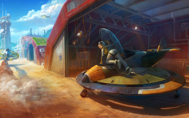 Futuristic city flying vehicle man free wallpaper for desktop - medium preview image