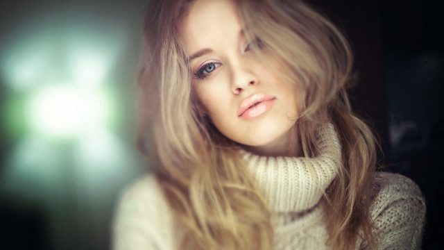 Blonde woman turtleneck portrait photorealistic free wallpaper for desktop - medium preview image