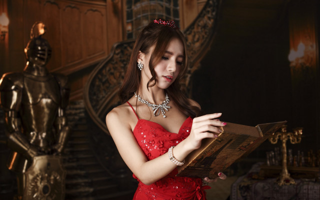 Woman red dress book statue free wallpaper for desktop - medium preview image