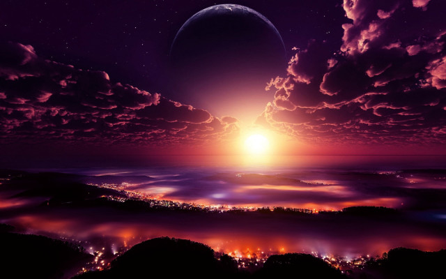 Sunset city planet clouds sky free wallpaper for desktop - medium preview image