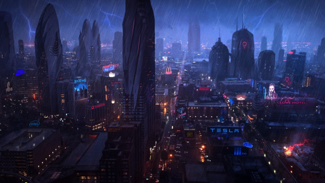 Cityscape rain night lights futurism free wallpaper for desktop - medium preview image