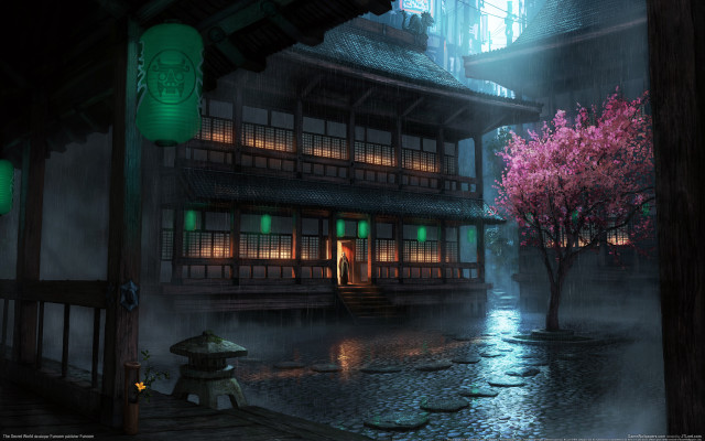 Japanese house rainy night lanterns free wallpaper for desktop - medium preview image