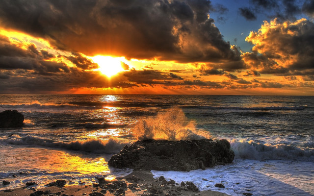 Sunset ocean waves rocks clouds #2 free wallpaper for desktop - medium preview image