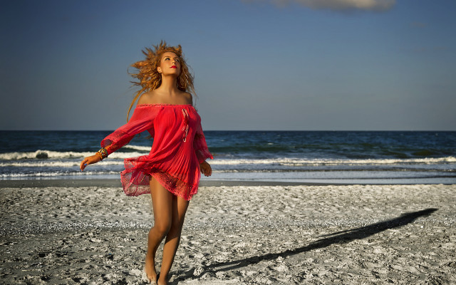 Red dress woman beach waves free wallpaper for desktop - medium preview image