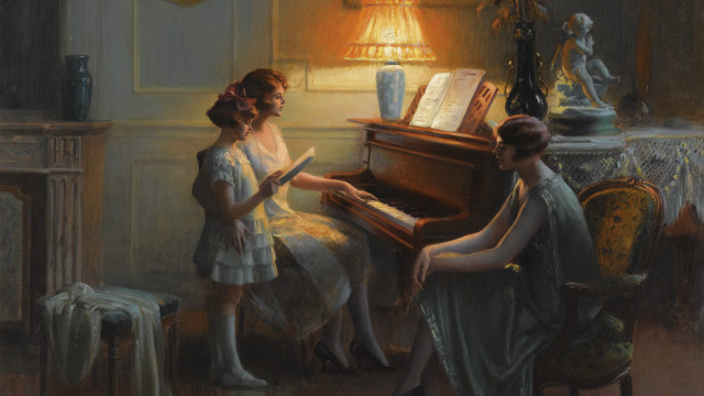 Girls playing piano indoor art free wallpaper for desktop - medium preview image