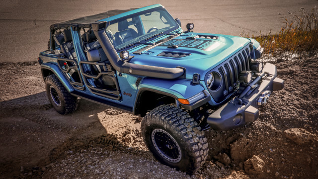 Blue jeep dirt road grass free wallpaper for desktop - medium preview image