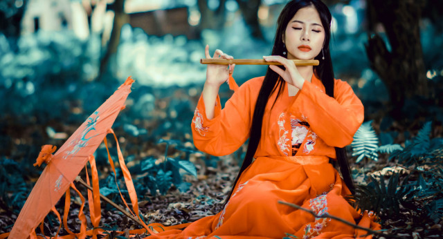 Woman orange dress flute forest free wallpaper for desktop - medium preview image