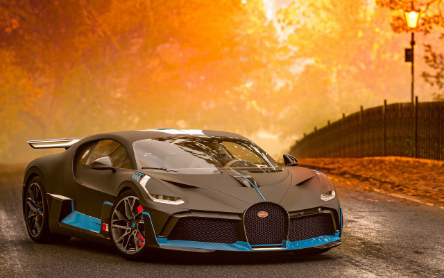 Bugatti sunset autumn leaves realistic free wallpaper for desktop - medium preview image