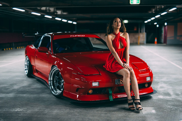 Woman red dress on car free wallpaper for desktop - medium preview image