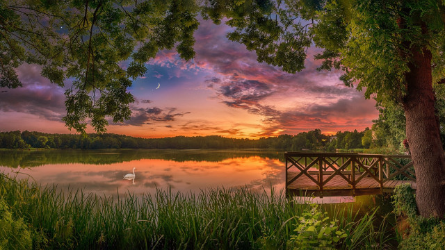 Bench pier lake sunset swan free wallpaper for desktop - medium preview image