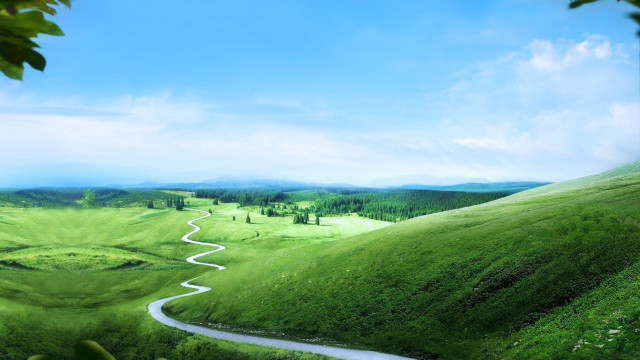 Winding road green valley blue free wallpaper for desktop - medium preview image