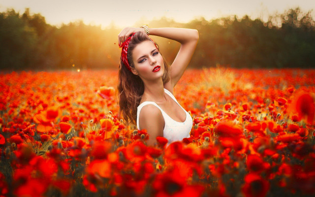 Woman redflowers autumn fieryhair dusk free wallpaper for desktop - medium preview image