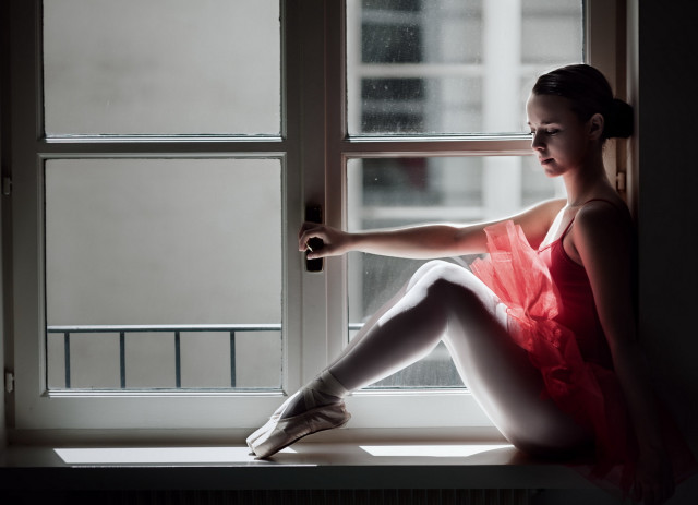 Woman red dress sitting window #3 free wallpaper for desktop - medium preview image