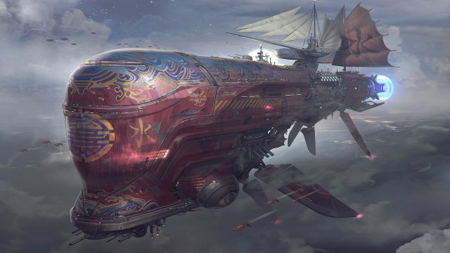 Futuristic ship sailboat airship castle free wallpaper for desktop - medium preview image