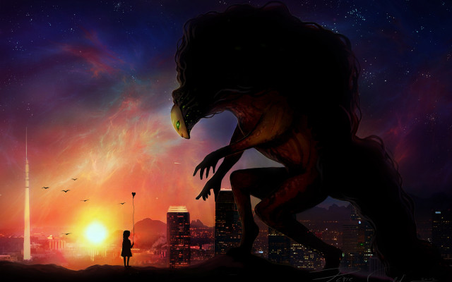 City night giant creature skyline free wallpaper for desktop - medium preview image