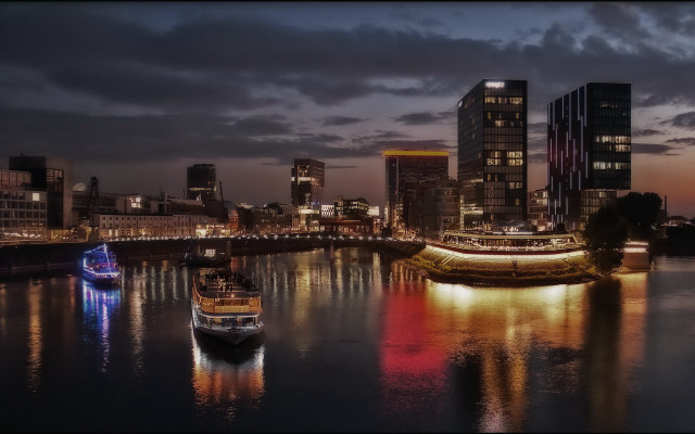 Boat bridge city night clouds free wallpaper for desktop - medium preview image