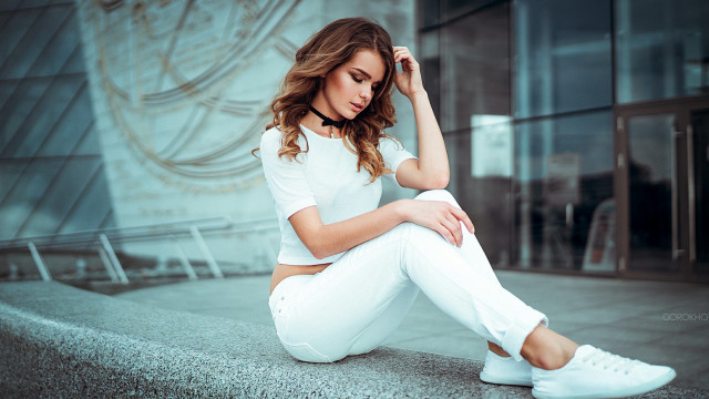 Woman sitting hand head marble free wallpaper for desktop - medium preview image