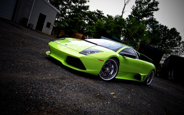 Lime green sports car driveway free wallpaper for desktop - medium preview image