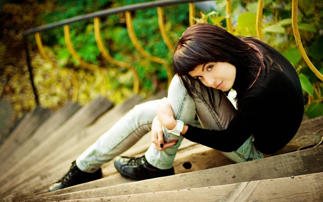 Woman sitting stairs phone hand free wallpaper for desktop - medium preview image