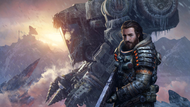 Armor robot sunset mountains city free wallpaper for desktop - medium preview image