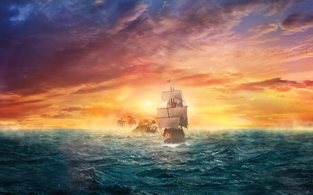 Sunset ship ocean clouds dusk free wallpaper for desktop - medium preview image