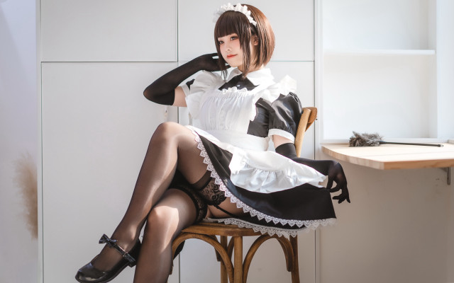 Maid cosplay brown hair thighhighs free wallpaper for desktop - medium preview image
