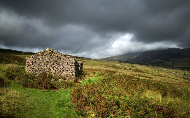 Stone building grassy field cloudy free wallpaper for desktop - medium preview image