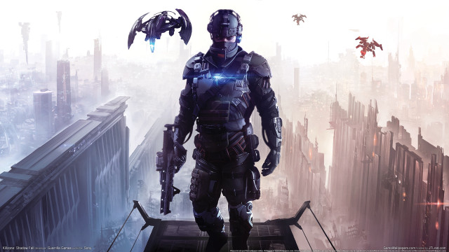 Futuristic man rooftop cityscape robot free wallpaper for desktop - medium preview image