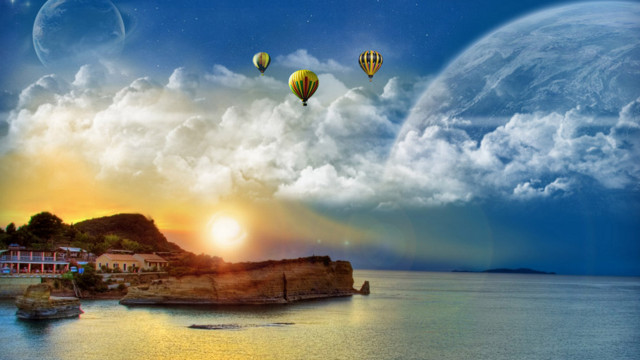 Sunset hotairballoons town water boat free wallpaper for desktop - medium preview image