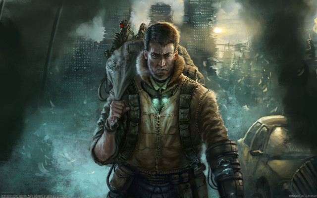 Man knife cityscape smoke fog free wallpaper for desktop - medium preview image