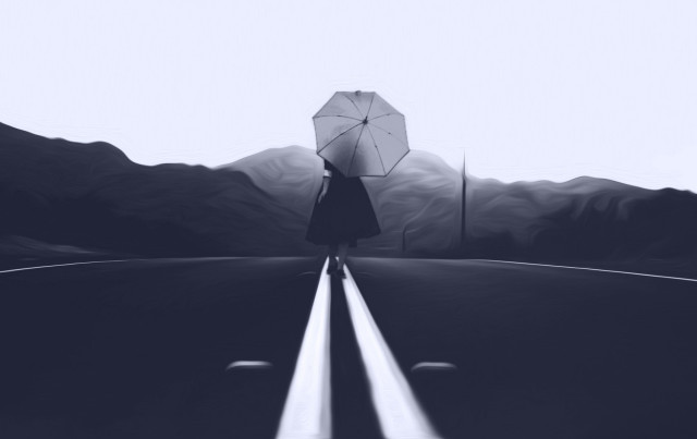 Person umbrella road mountains photorealism free wallpaper for desktop - medium preview image