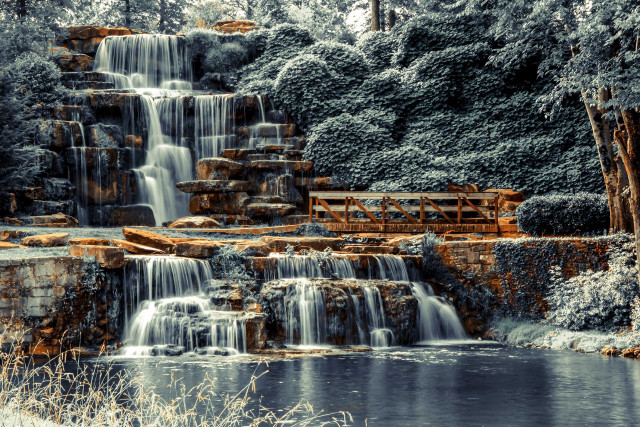 Waterfall bench forest snow cityscape free wallpaper for desktop - medium preview image