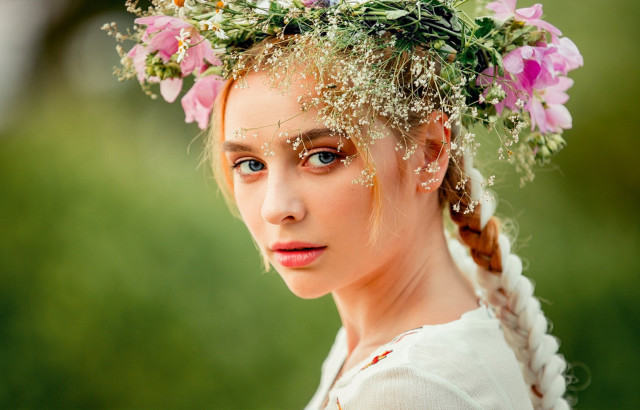 Woman flowercrown braids whitedress photorealistic free wallpaper for desktop - medium preview image