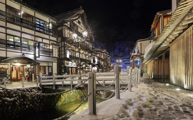 Snowy street bridge buildings night free wallpaper for desktop - medium preview image