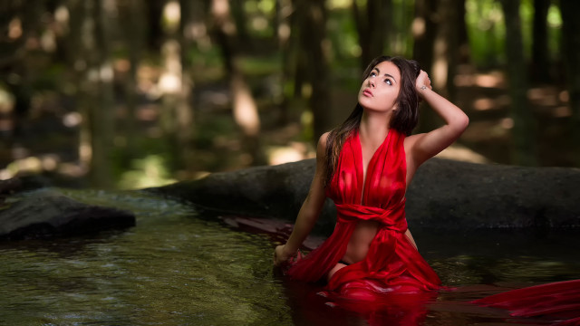 Woman red dress river woods free wallpaper for desktop - medium preview image