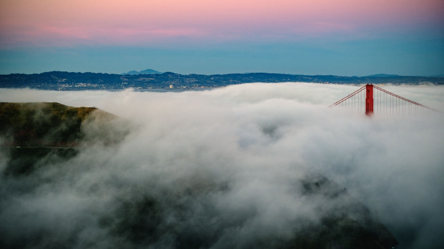 Golden gate foggy beachscape precisionism free wallpaper for desktop - medium preview image