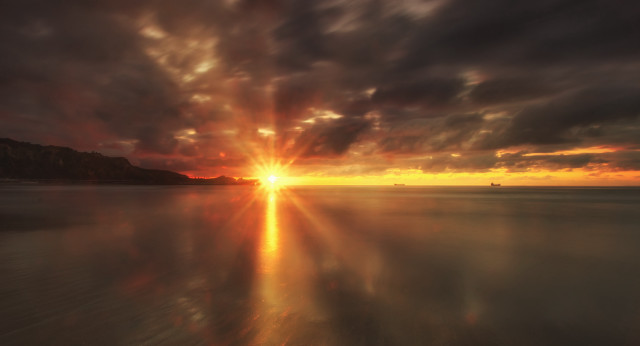 Sunset water boat mountain clouds #4 free wallpaper for desktop - medium preview image